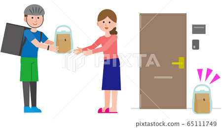 Illustration of a man delivering a food to a female customer 65111749