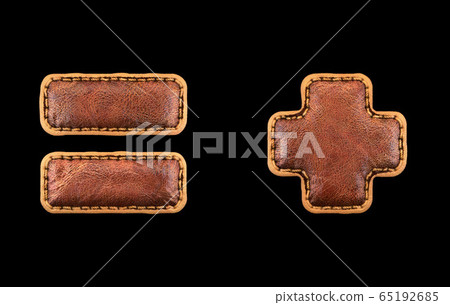 Set of symbols equals and plus made of leather. 3D render font with skin texture isolated on black background. 65192685