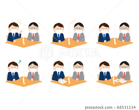 A set of businessmen wearing a mask over an acrylic board and talking face-to-face 68531134