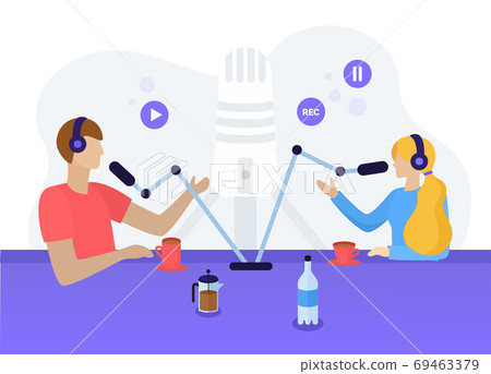 Cartoon Color Characters People and Making Podcast Concept. Vector 69463379