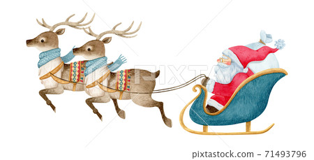 Hand drawn watercolor | Santa Claus and reindeer illustration 71493796