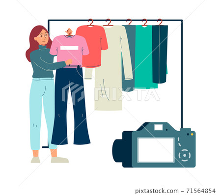 Fashion blogger leading video live broadcast, flat vector illustration isolated. 71564854