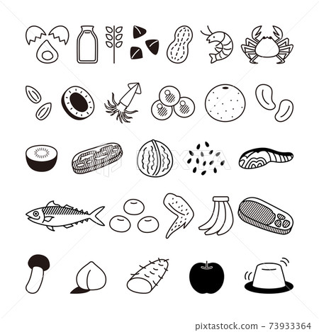 Food allergy 28 items such as specific raw materials Icon black and white set 73933364