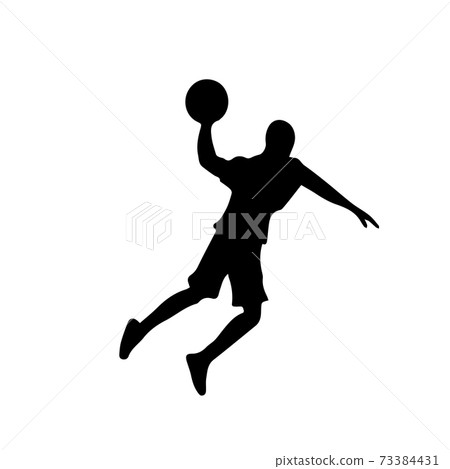 Silhouette of basketball player with ball in attack on basketball hoop, front view, vector 73384431