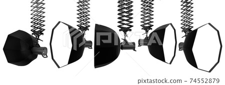 Photography studio flash on ceiling pantograph with octobox isolated on white. 74552879