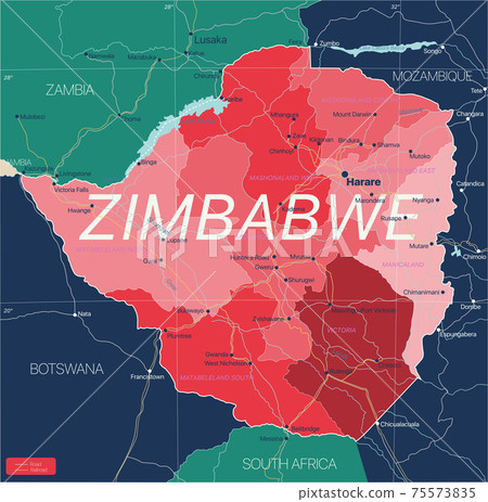 Zimbabwe country detailed editable map 75573835