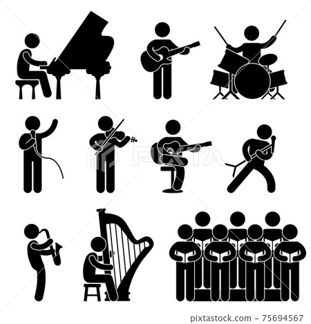 Musician Pianist Guitarist Choir Drummer Singer Concert. A set of pictogram about musician and singer. 75694567