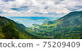 Lake Toba and Samosir Island view from above Sumatra Indonesia. Huge volcanic caldera covered by water, traditional Batak villages, green rice paddies, equatorial forest. 75209409