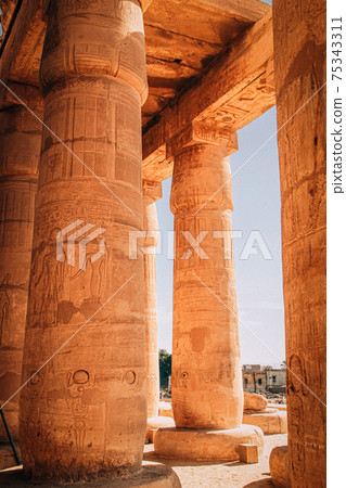 Ruins of the Egyptian temple of Ramesseum, the funeral temple of Pharaoh Ramses II XIII century BC , near the modern city of Luxor 75343311