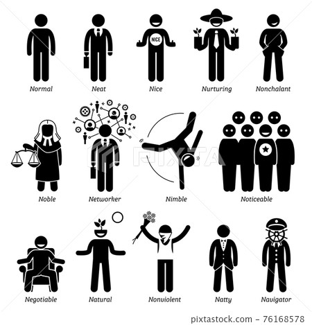 Positive Personalities Character Traits. Stick Figures Man Icons. Starting with the Alphabet N.  76168578