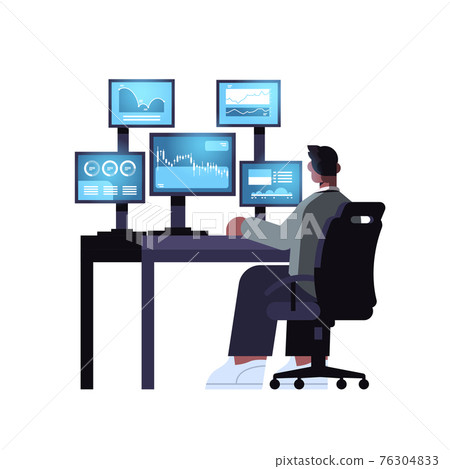 man trader stock market broker analyzing charts graphs and rates on computer monitors at workplace 76304833