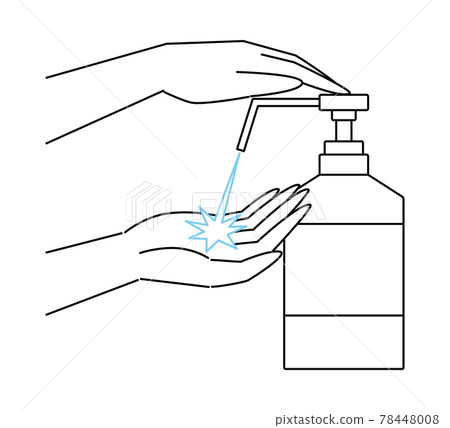 Illustration of pushing a container and spraying alcohol disinfectant from a nozzle on your hand Simple Vector 78448008