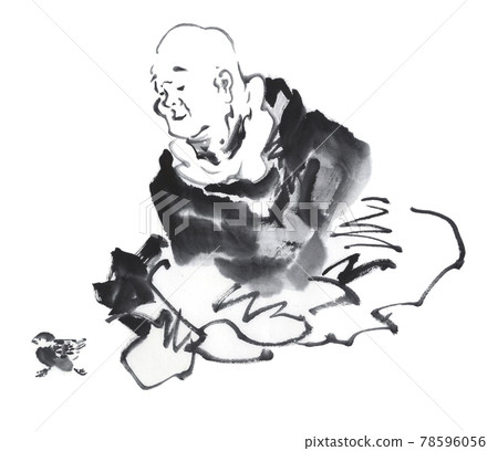 Osho looking at the chicks, sumi-e illustration 78596056