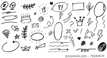 hand drawn set of curly swishes, swashes, swoops. Abstract arrows,  Arrow, heart, love, star, leaf, sun, light, crown, king, queen, on doodle style for concept design. vector illustration. 78688676