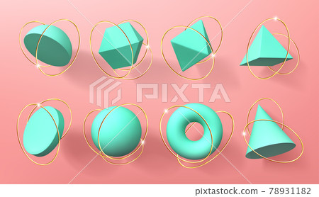 Turquoise 3d geometric shapes with golden rings 78931182