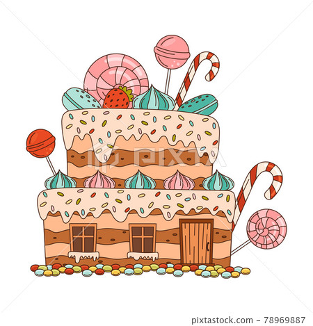 Sweet Candy House of Cookie Dough with Sugar Glaze and Lollipop as Shaped Baked Confectionery Vector Illustration 78969887