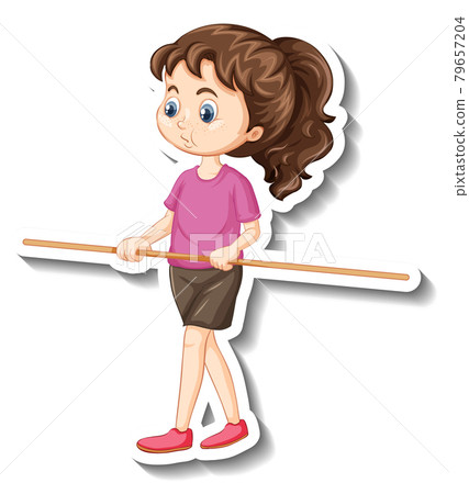 Cartoon character sticker with a girl holding wooden stick 79657204