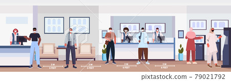 clients in protective masks keeping distance to prevent coronavirus social distancing concept 79021792
