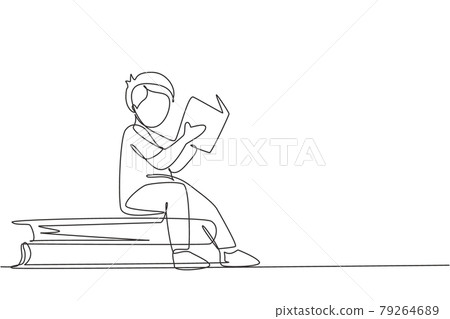 Single one line drawing little boy reading, learning and sitting on big books. Study in library. Intelligent student, education concept. Modern continuous line draw design graphic vector illustration 79264689