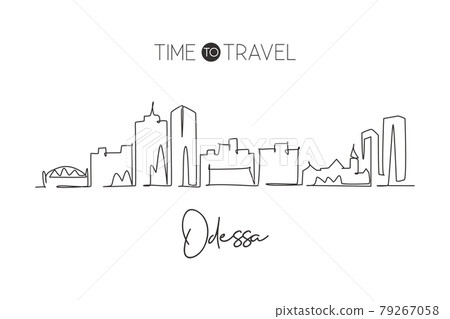 Single continuous line drawing of Odessa city skyline, Texas. Famous city scraper landscape. World travel home wall decor art poster print concept. Modern one line draw design vector illustration 79267058