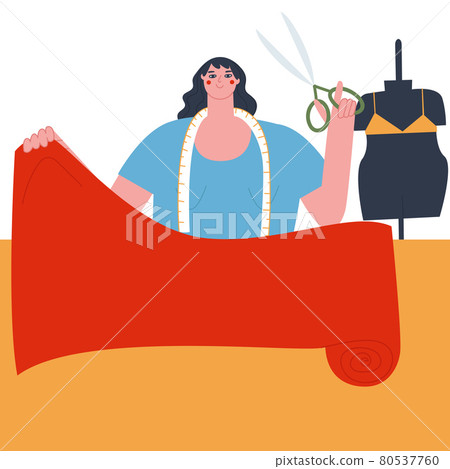 A woman with a centimeter around her neck and large scissors in her hand prepares to cut a clump of fabric from a roll. Flat vector illustration. Vector illustration 80537760