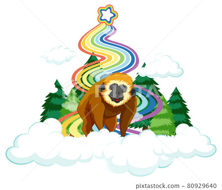 A gibbon on the cloud with rainbow on white background 80929640