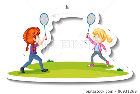 Two girls playing badminton cartoon character sticker 80931269