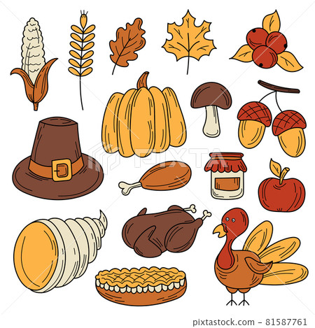 Hand drawn cartoon set of Thanksgiving autumn theme 81587761