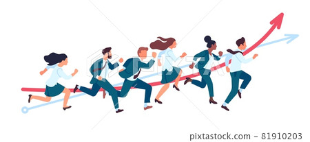 Business people run. Teamwork running competitions, office persons in race for success, professionals participate marathon, vector concept 81910203