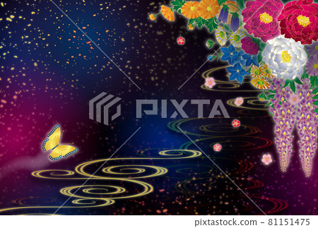 Background material of Japanese style flowers, butterflies and running water patterns. 81151475