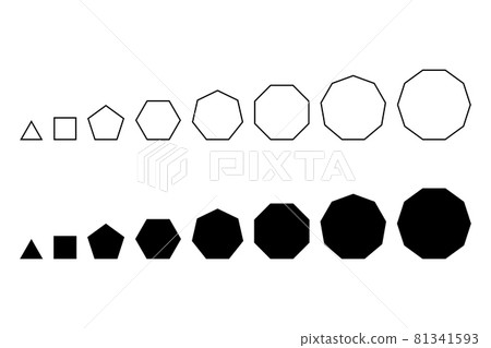 Regular polygons, with the same line segment length, in a row. Convex, equiangular and equilateral polygons, from a triangle, square, pentagon and hexagon to a heptagon, octagon, nonagon and decagon. 81341593