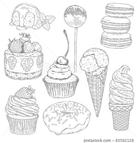 Set of hand drawn outline different desserts. 83582128