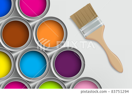 Paint brush and buckets with multi colored paint. 83751294