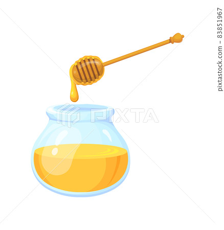 Cartoon honey jar comb. Bee ingredient flowing drip from wooden spoon into pot, vector illustration 83851967