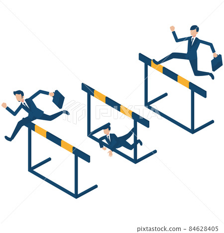 Isometric illustrations of businessmen who challenge difficulties and hurdles and jump over 84628405