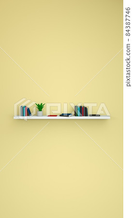 3D render of a shelf with books on a clean wall with space under the text 84387746