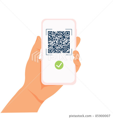 Certificate of vaccine and immune from covid in smartphone screen. Green passport in phone app. Health passport on digital screen with qr code for control and check of safety from covid-19. Vector  85900007