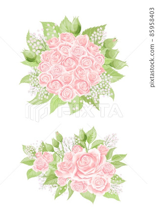 Cream pink rose flower bouquets with green leaves isolated on white background 85958403