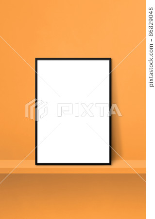 Black picture frame leaning on orange shelf. 3d illustration. Vertical background 86829048