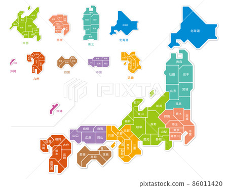 Map of Japan Color-coded prefectures Illustration 86011420