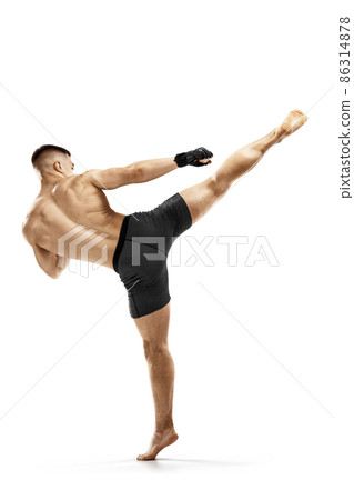 Mawashi. Sport concept. MMA fighter isolated on white background. Athletic. MMA kick. Rear view 86314878