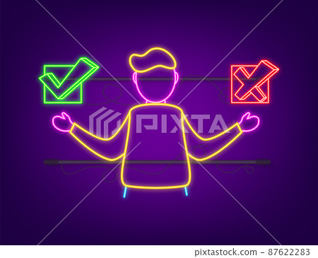 Man choosing between two options yes and no neon icon. Vector stock illustration 87622283