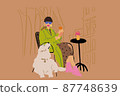 Stylish woman with her dog at cafe terrace. Vector illustration 87748639