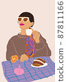 Woman having Italian breakfast, sitting by the table with checkered cloth. Vector illustration 87811166