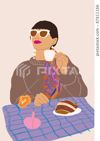 Woman having Italian breakfast, sitting by the table with checkered cloth. Vector illustration 87811166