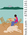 Woman enjoying beautiful seascape and having lunch, sitting with a dog at coast 87811161