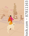 Woman standing with her dog in front of famous Neptune fountain while traveling in Florence city. Vector illustration 87811163