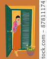 Woman in dress looking out the window with blinds. Vector illustration 87811174