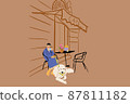 Stylish woman with her dog at cafe on street. Vector illustration 87811182