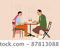 Couple sitting together at restaurant terrace on the city street 87813088